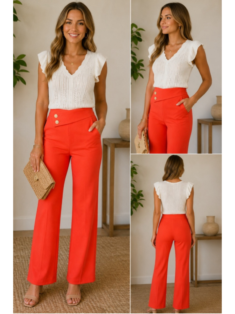 SOHO Apparel Ltd Wide Leg Sailor Pants Coral Red High Rise Size Large NWT